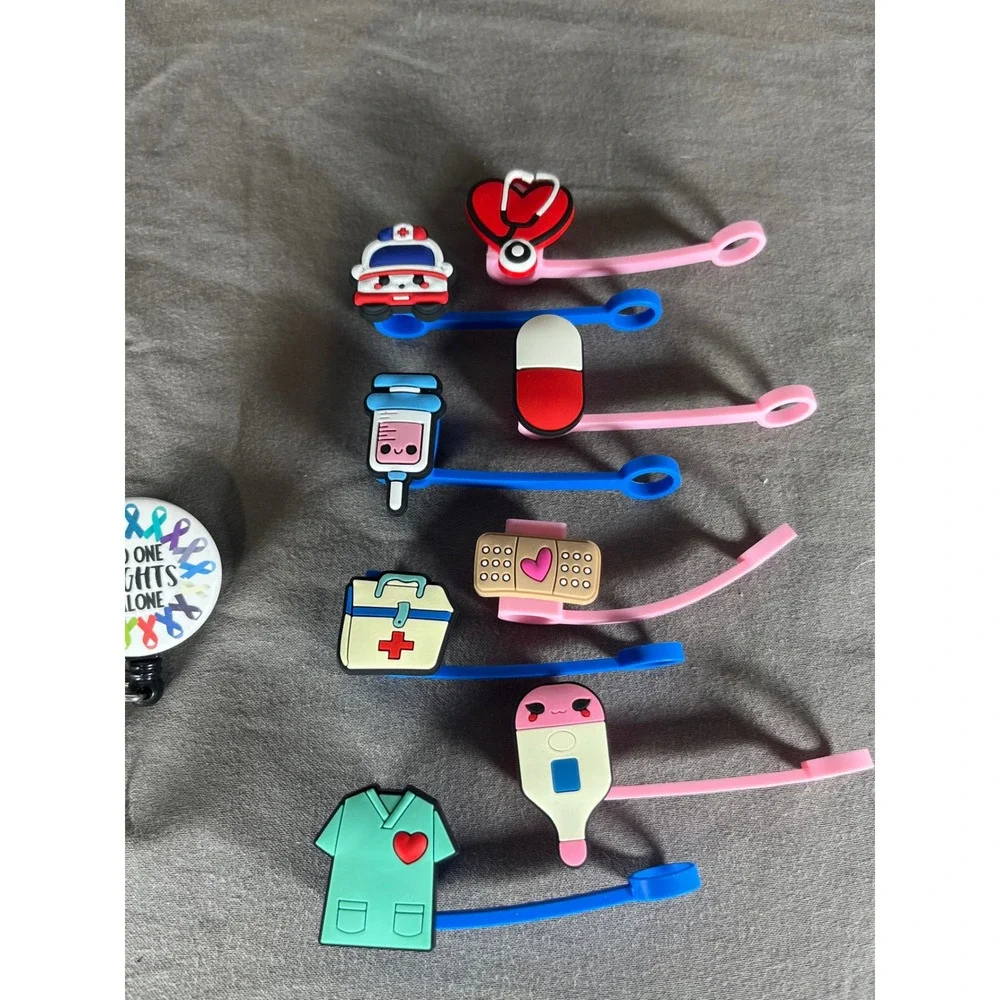 Nurse Doctor Medical Straw‎ Cover Set Badge Reel Set Cancer Awareness Ribbon